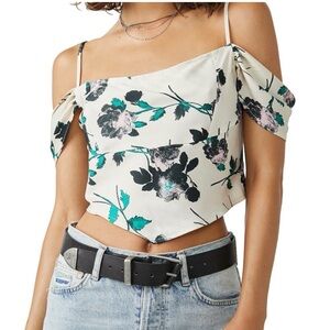 We The Free Cream Floral Off-Shoulder Crop Top with Teal Accents